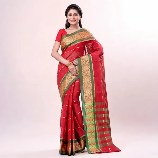 Red_Cotton_Handloom_Tant_Woven_Saree_For_Women