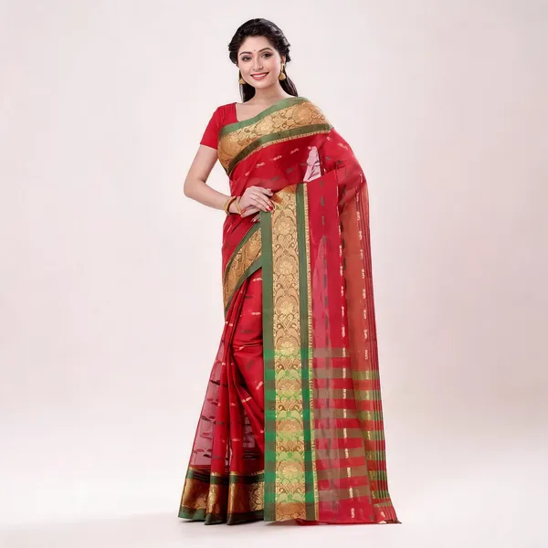 Red_Cotton_Handloom_Tant_Woven_Saree_For_Women