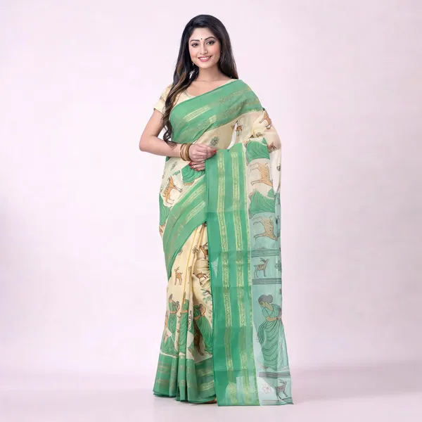 Green_Cotton_Handloom_Self_Design_Tant_Saree_For_Women