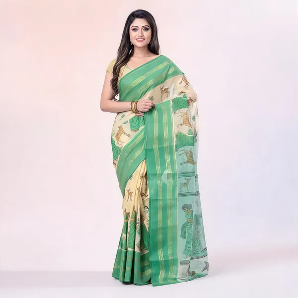 Green_Cotton_Handloom_Self_Design_Tant_Saree_For_Women