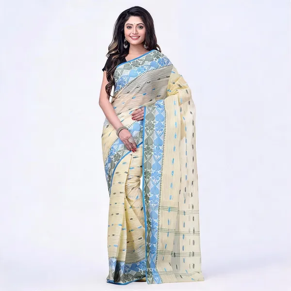 Blue_Off_White_Cotton_Self_Design_Woven_Handloom_Saree_For_Women