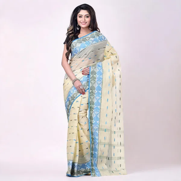 Blue_Off_White_Cotton_Self_Design_Woven_Handloom_Saree_For_Women