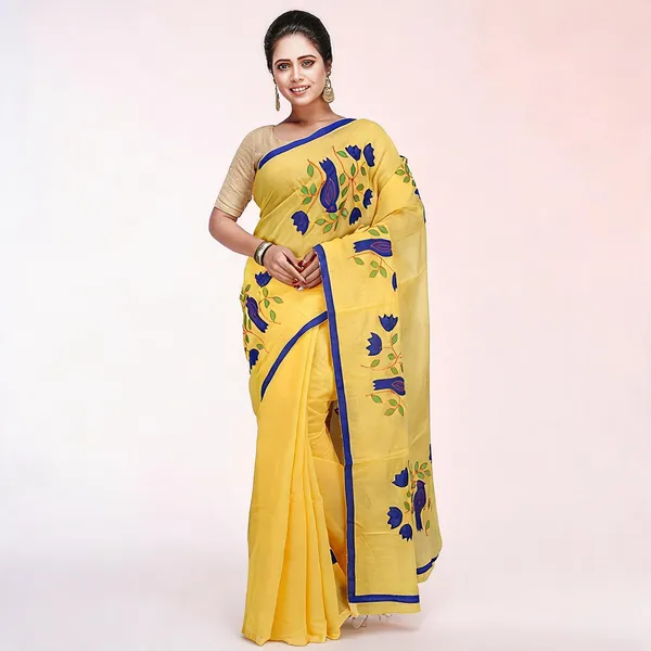 Yellow_Cotton_Silk_Tant_Handloom_Saree_With_Blouse_For_Women
