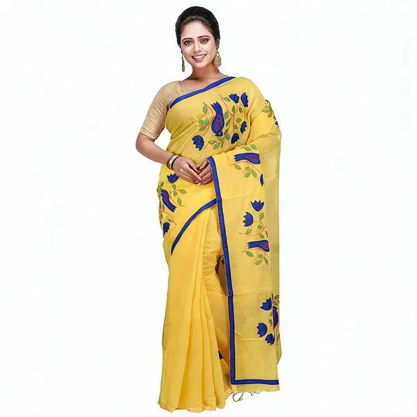 Yellow_Cotton_Silk_Tant_Handloom_Saree_With_Blouse_For_Women