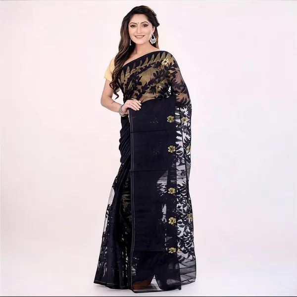 Black_Cotton_Floral_Dhakai_Jamdani_Saree_For_Women