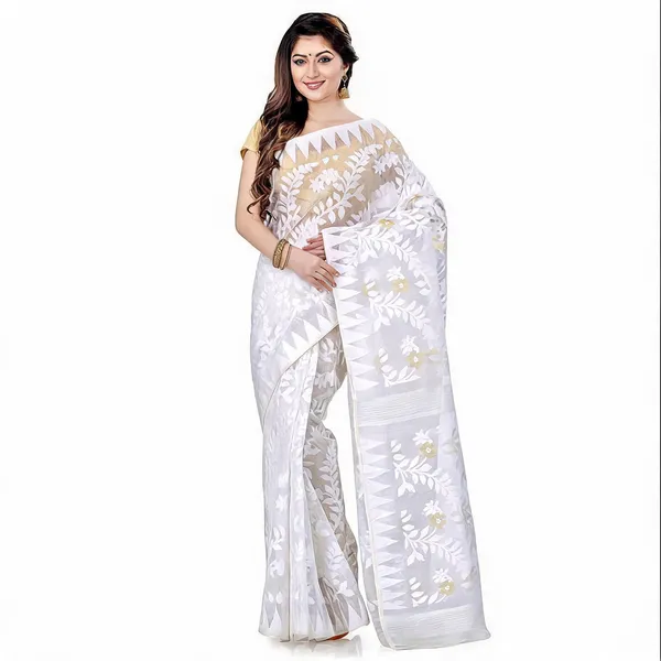 White_Cotton_Floral_Jamdani_Temple_Border_Saree_For_Women