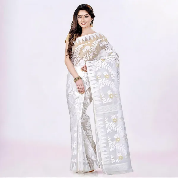 White_Cotton_Floral_Jamdani_Temple_Border_Saree_For_Women