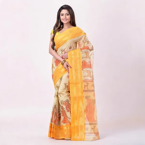 Yellow_Cotton_Handloom_Self_Design_Tant_Saree_For_Women