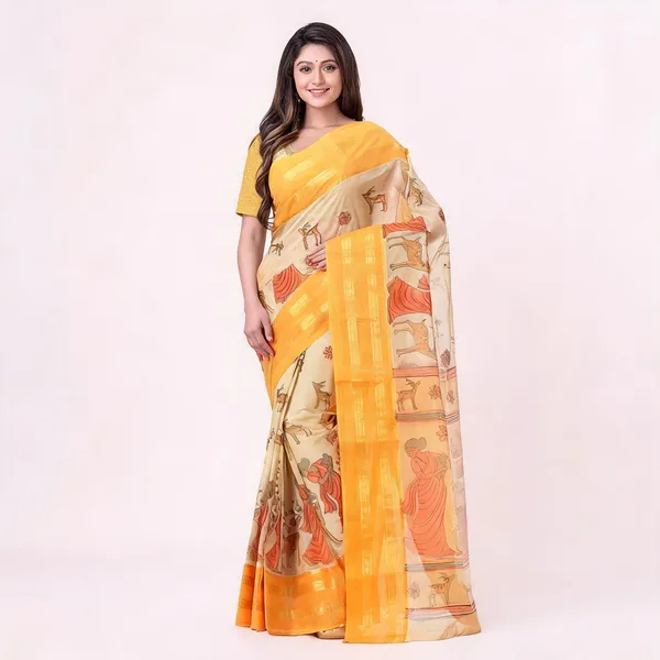Yellow_Cotton_Handloom_Self_Design_Tant_Saree_For_Women