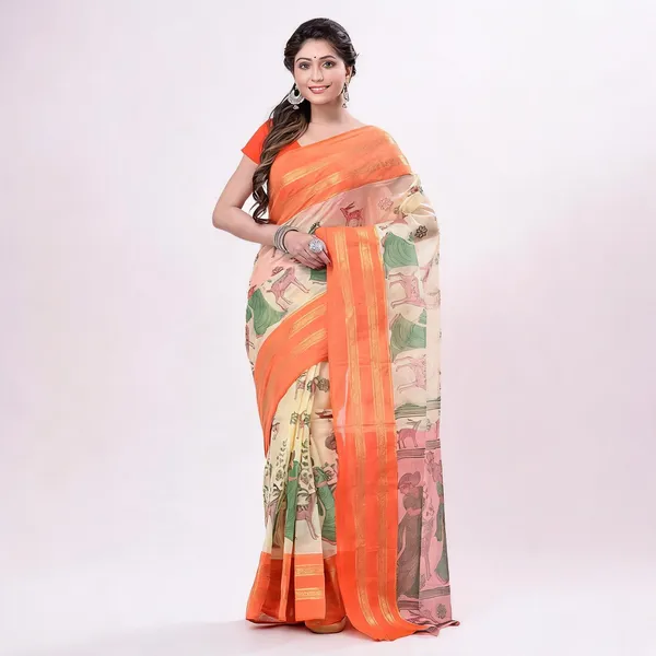 Orange_Cotton_Handloom_Self_Design_Tant_Saree_For_Women