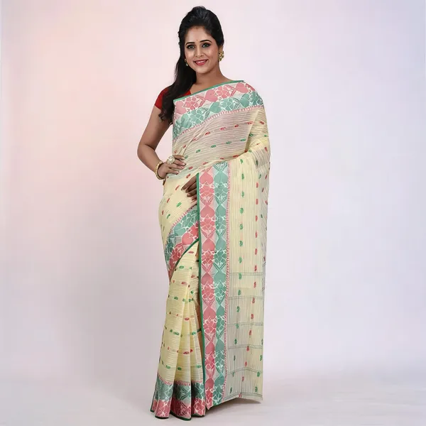 White_Pink_Blue_Cotton_Handloom_Woven_Bengal_Tant_Saree_For_Women