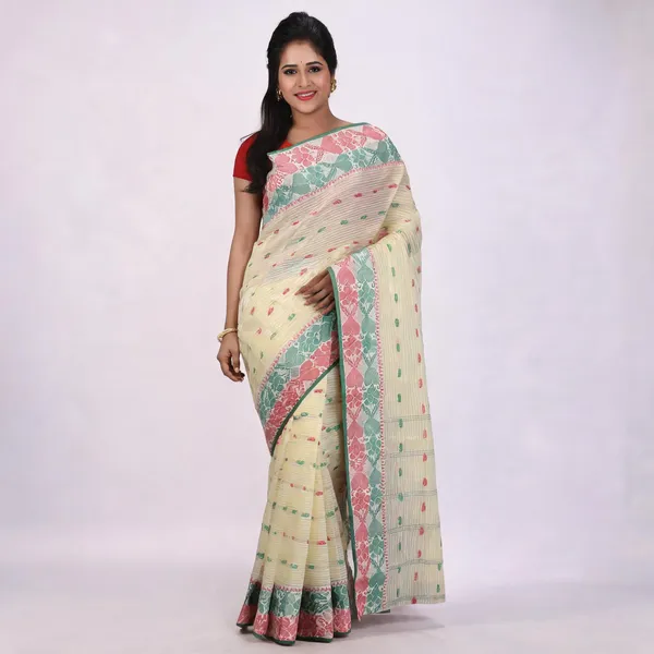 White_Pink_Blue_Cotton_Handloom_Woven_Bengal_Tant_Saree_For_Women