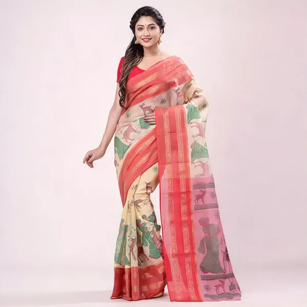 Red_Cotton_Handloom_Self_Design_Tant_Saree_For_Women