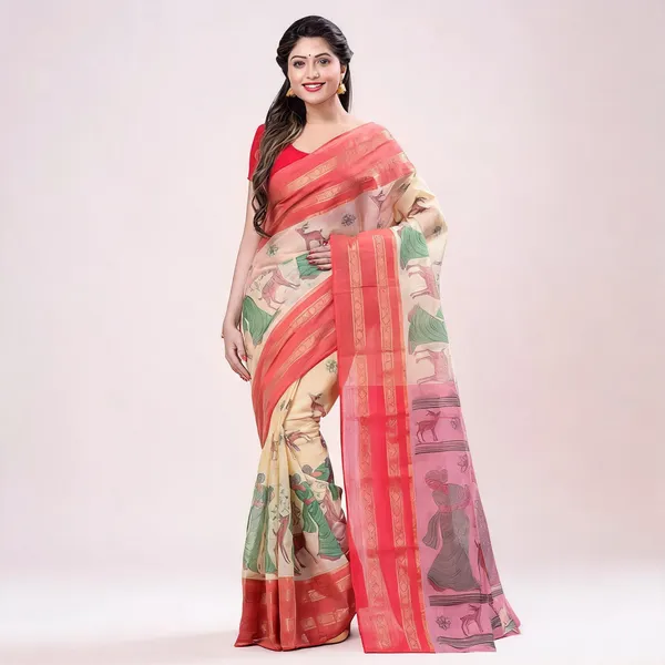 Red_Cotton_Handloom_Self_Design_Tant_Saree_For_Women