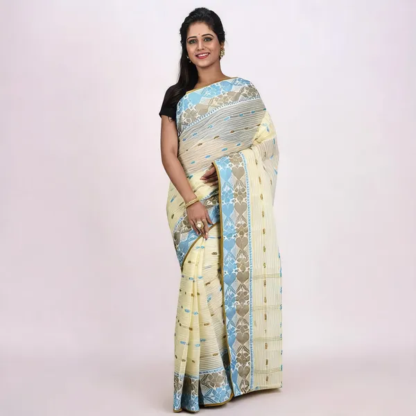Sky_Blue_White_Cotton_Handloom_Woven_Bengal_Tant_Saree_For_Women