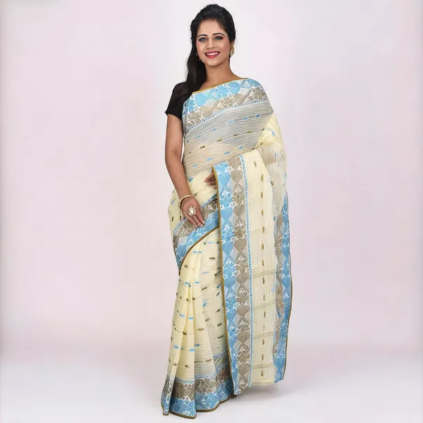 Sky_Blue_White_Cotton_Handloom_Woven_Bengal_Tant_Saree_For_Women