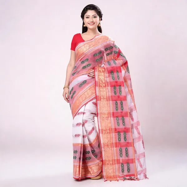 Red_White_Cotton_Tant_Handloom_Woven_Saree_For_Women
