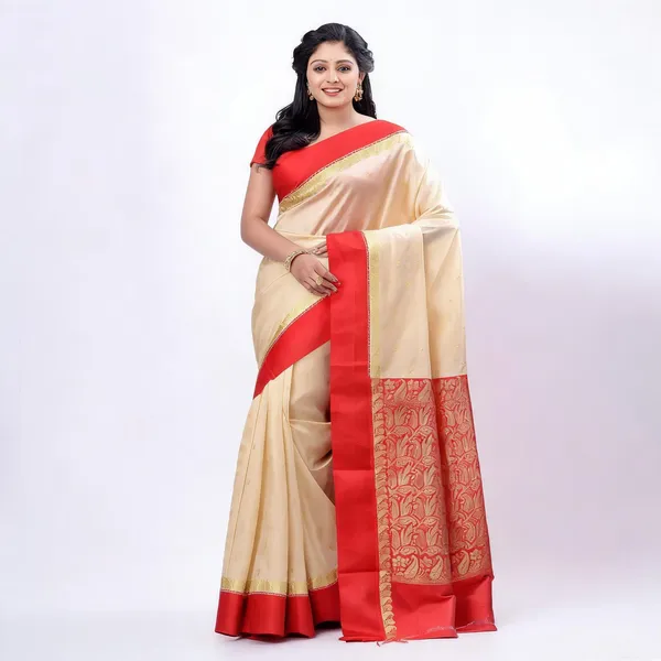 Red_Off_White_Cotton_Blend_Jamdani_Garad_Saree_With_Blouse_For_Women