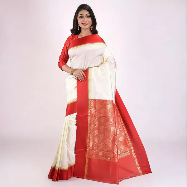 Red_Cotton_Blend_Solid_Handloom_Saree_With_Blouse_For_Women