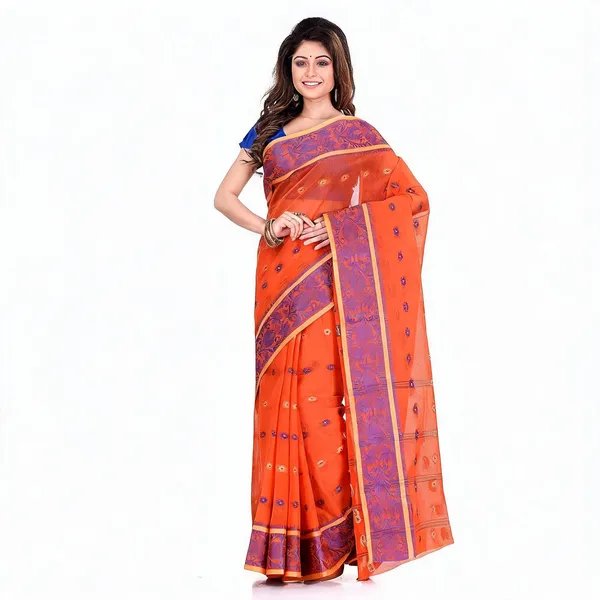 Orange_Cotton_Bengal_Handloom_Woven_Saree_For_Women