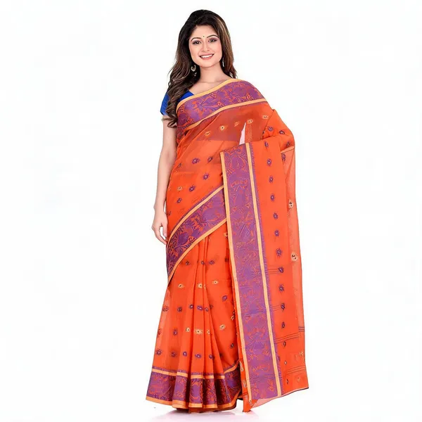 Orange_Cotton_Bengal_Handloom_Woven_Saree_For_Women