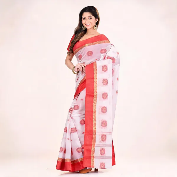 White_Red_Cotton_Woven_Floral_Tant_Saree_For_Women