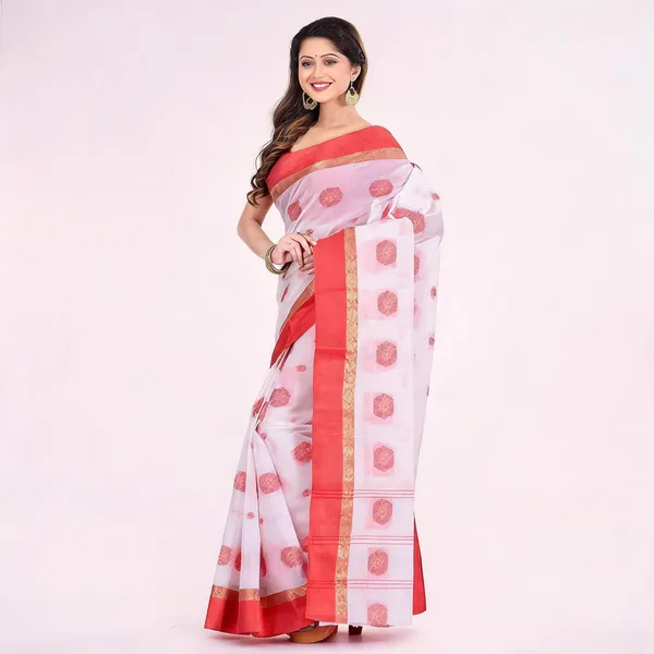 White_Red_Cotton_Woven_Floral_Tant_Saree_For_Women