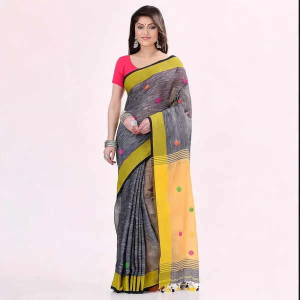 Yellow_Grey_Cotton_Woven_Solid_Saree_With_Blouse_For_Women