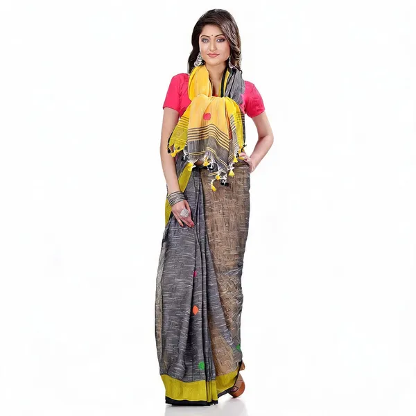 Yellow_Grey_Cotton_Woven_Solid_Saree_With_Blouse_For_Women
