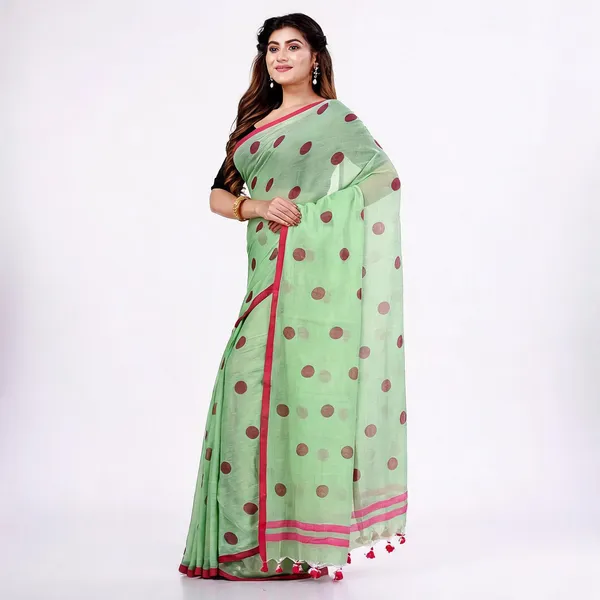Green_Malmal_Cotton_Handloom_Polka_Dot_Printed_Saree_For_Women