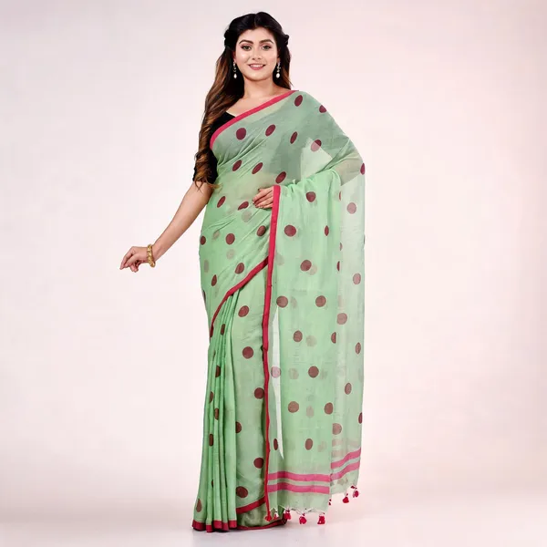 Green_Malmal_Cotton_Handloom_Polka_Dot_Printed_Saree_For_Women