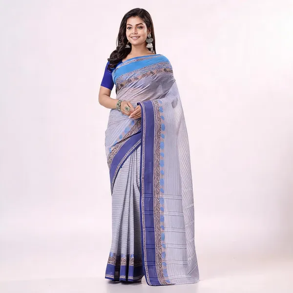 Light_Grey_Blue_Cotton_Woven_Tant_Saree_For_Women