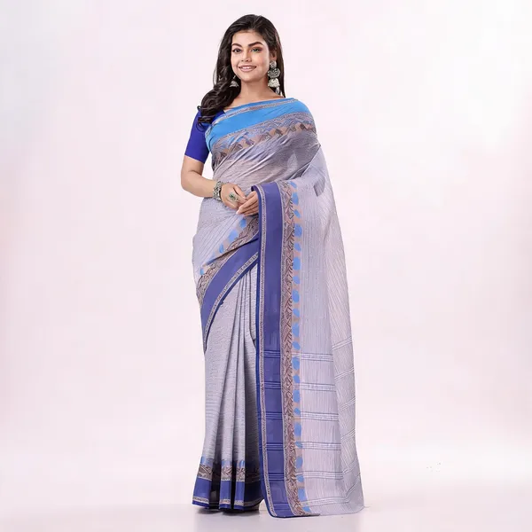 Light_Grey_Blue_Cotton_Woven_Tant_Saree_For_Women