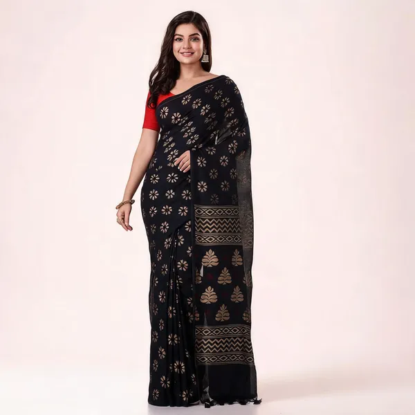 Black_Cotton_Handloom_Traditional_Saree_With_Blouse_Piece_For_Women