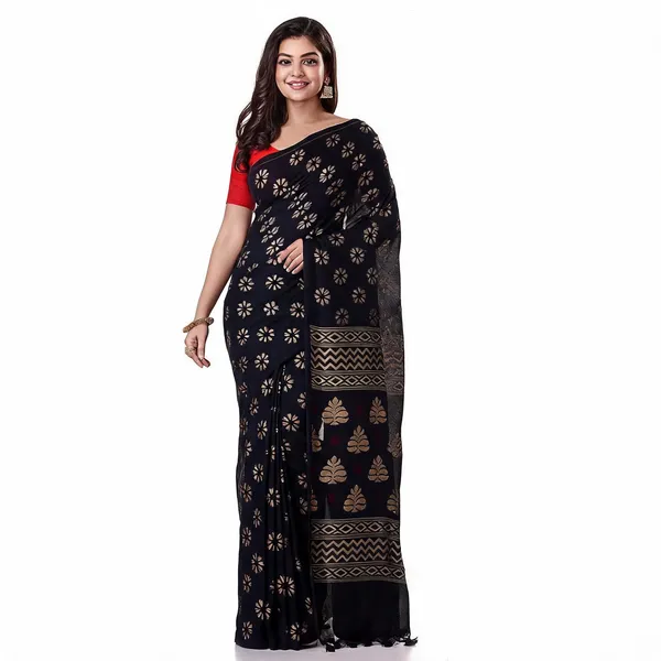 Black_Cotton_Handloom_Traditional_Saree_With_Blouse_Piece_For_Women