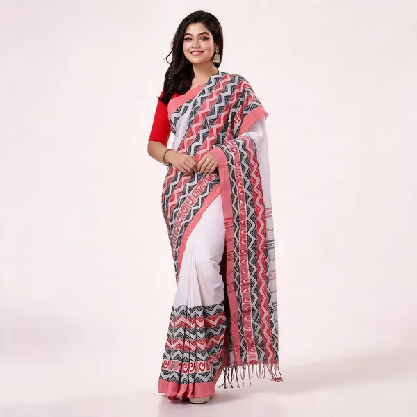 White_Cotton_Handloom_Woven_Solid_Saree_With_Blouse_For_Women