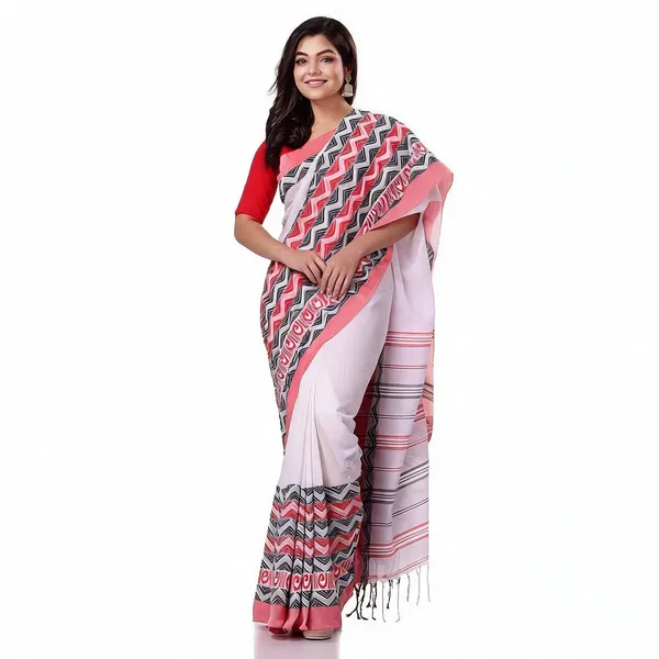 White_Cotton_Handloom_Woven_Solid_Saree_With_Blouse_For_Women