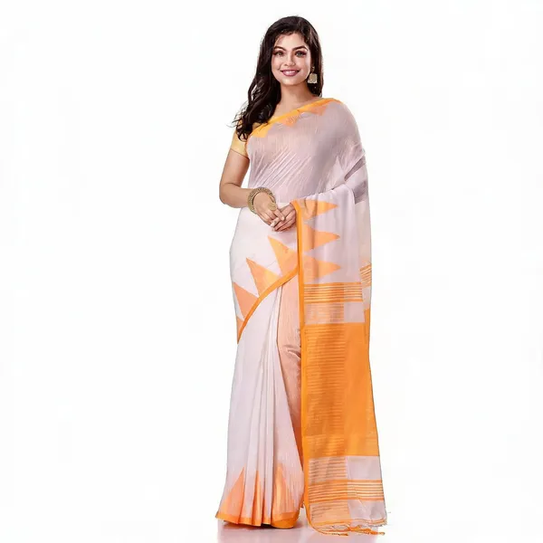 White_Yellow_Cotton_Handloom_Woven_Solid_Saree_With_Blouse_For_Women