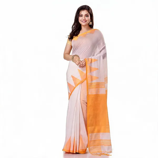 White_Yellow_Cotton_Handloom_Woven_Solid_Saree_With_Blouse_For_Women