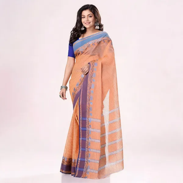 Light_Orange_Blue_Cotton_Striped_Woven_Saree_For_Women