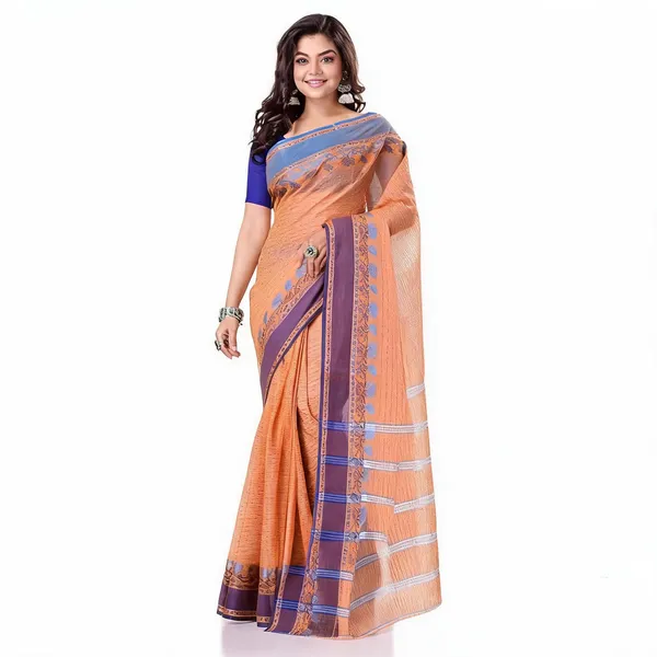 Light_Orange_Blue_Cotton_Striped_Woven_Saree_For_Women