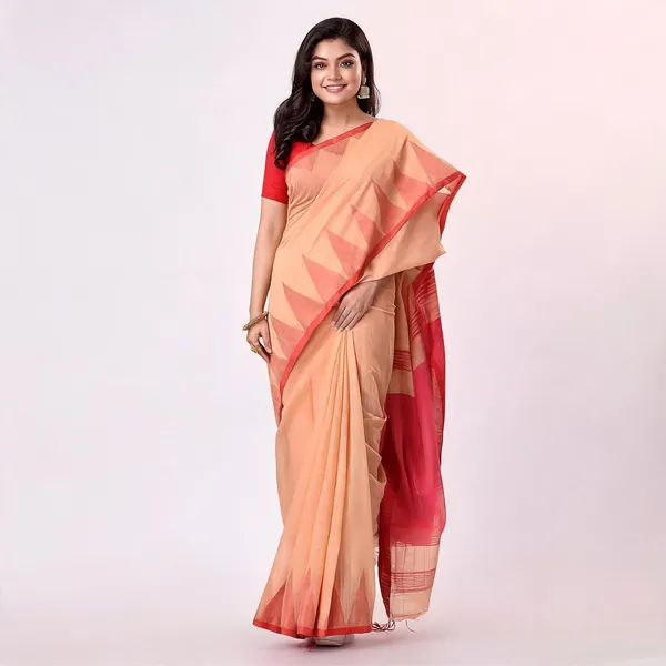 Off-Red_Cotton_Handloom_Temple_Saree_With_Blouse_For_Women