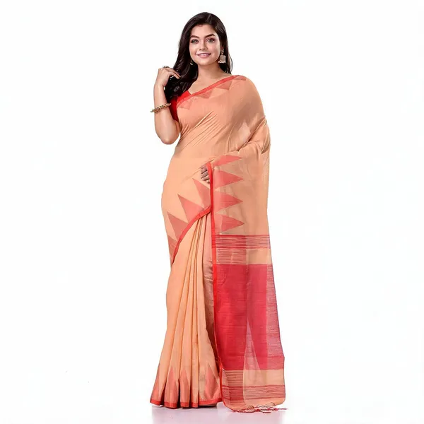 Off-Red_Cotton_Handloom_Temple_Saree_With_Blouse_For_Women
