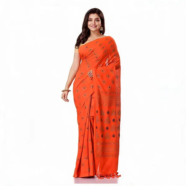 Orange_Cotton_Handloom_Woven_Saree_With_Blouse_Piece_For_Women