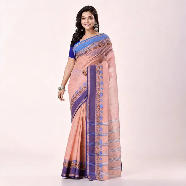 Orange_Blue_Cotton_Handloom_Tant_Woven_Saree_For_Women