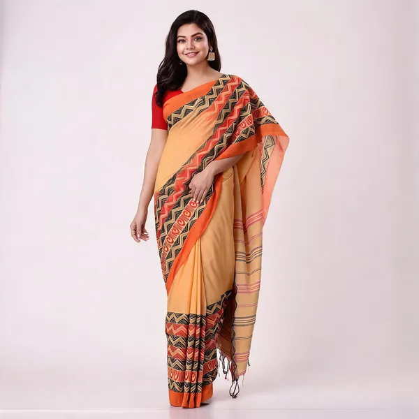 Light_Brown_Orange_Cotton_Handloom_Woven_Saree_With_Blouse_For_Women