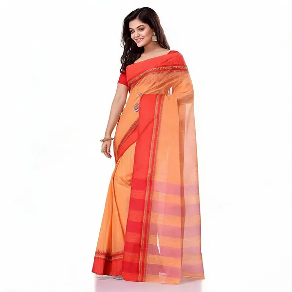 Orange_Red_Cotton_Woven_Kantha_Stitch_Tant_Saree_For_Women