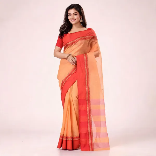 Orange_Red_Cotton_Woven_Kantha_Stitch_Tant_Saree_For_Women