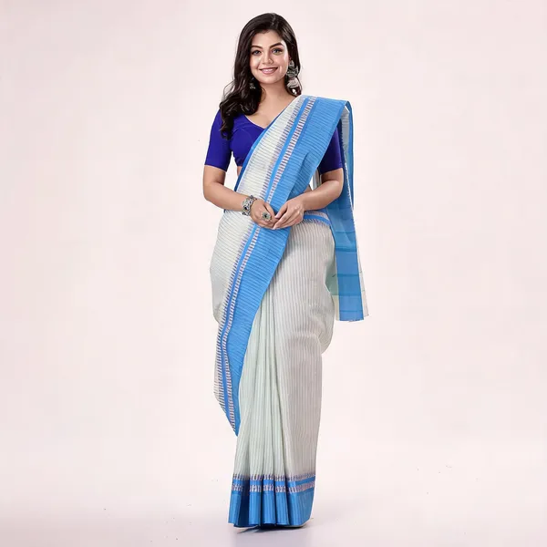 White_Blue_Cotton_Woven_Tant_Kantha_Stitch_Saree_For_Women
