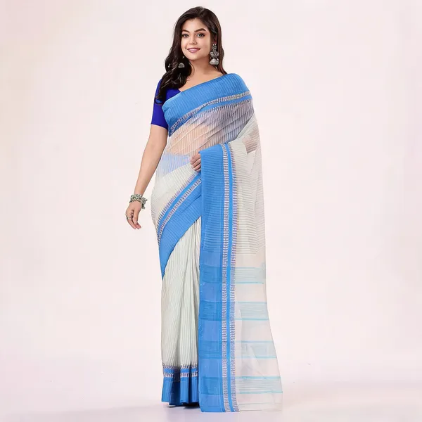 White_Blue_Cotton_Woven_Tant_Kantha_Stitch_Saree_For_Women